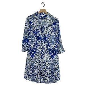 Cabi Jewel Shirt Dress Women's Size Small Blue and Tan Diamond Lightweight